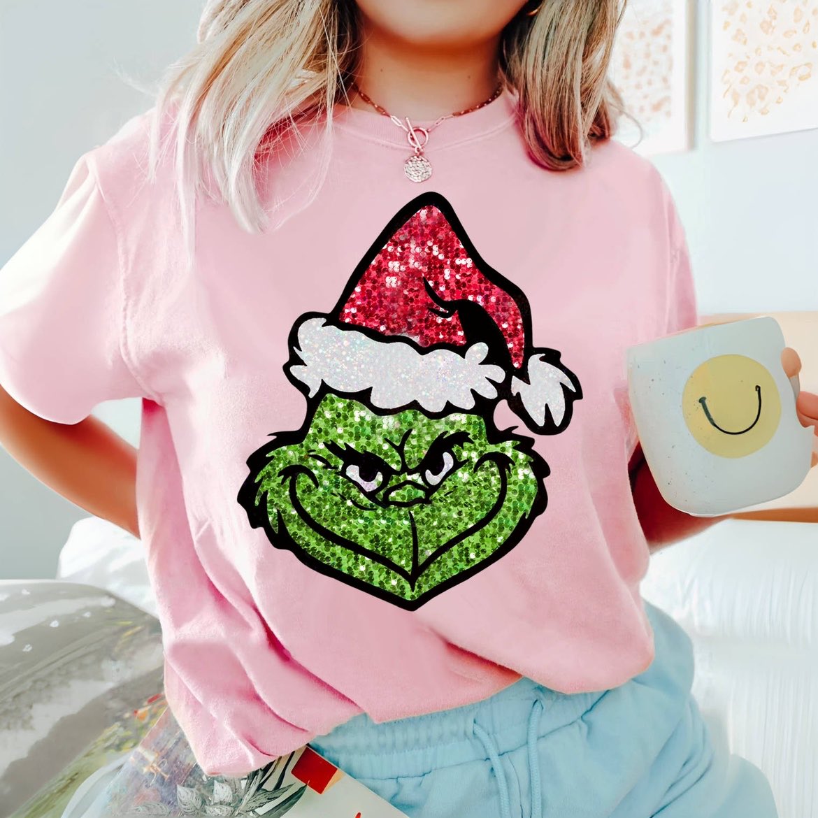 Sequin Christmas Face Print T-shirt