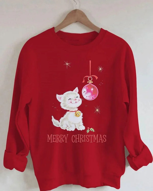 Women's Merry Christmas Cat Print Casual Sweatshirt