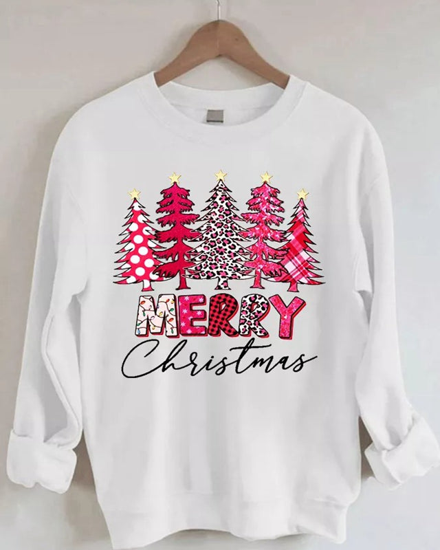 Christmas Tree Pink Print Casual Crewneck Sweatshirt