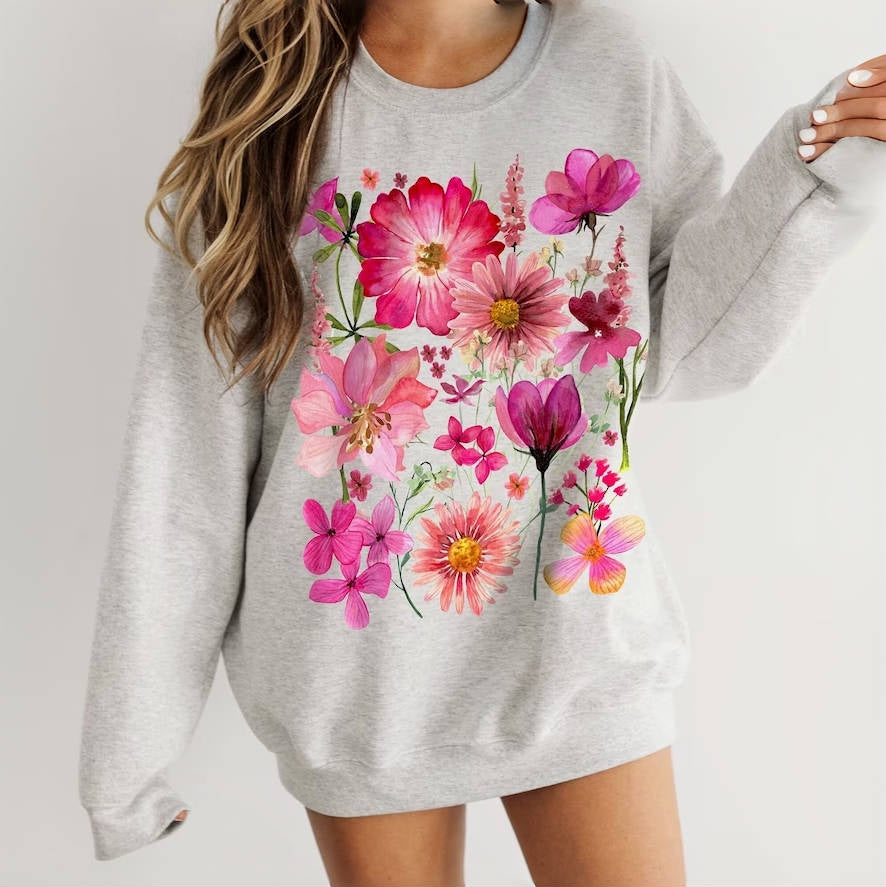 Vintage Pressed Flowers Pullover Sweatshirt